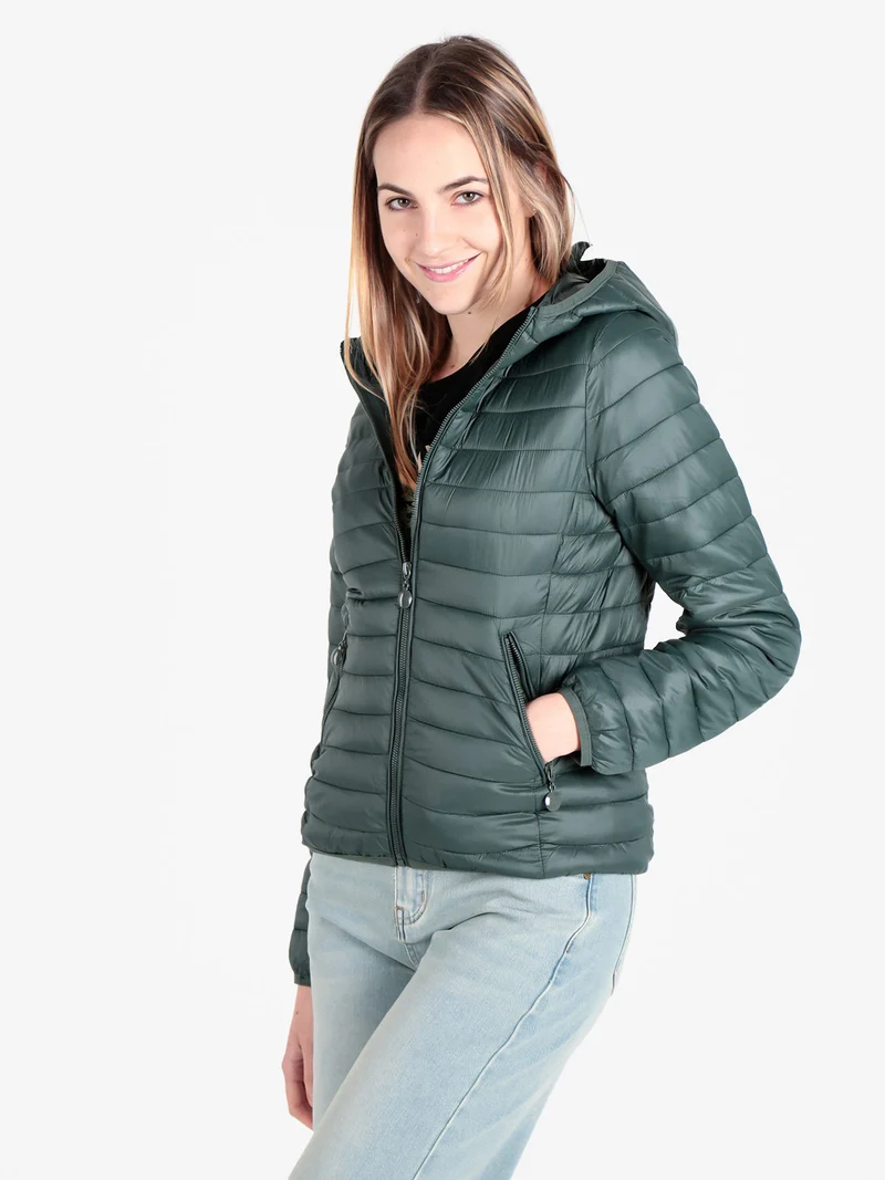 Piumino donna leggero con cappuccio - verde scuro
