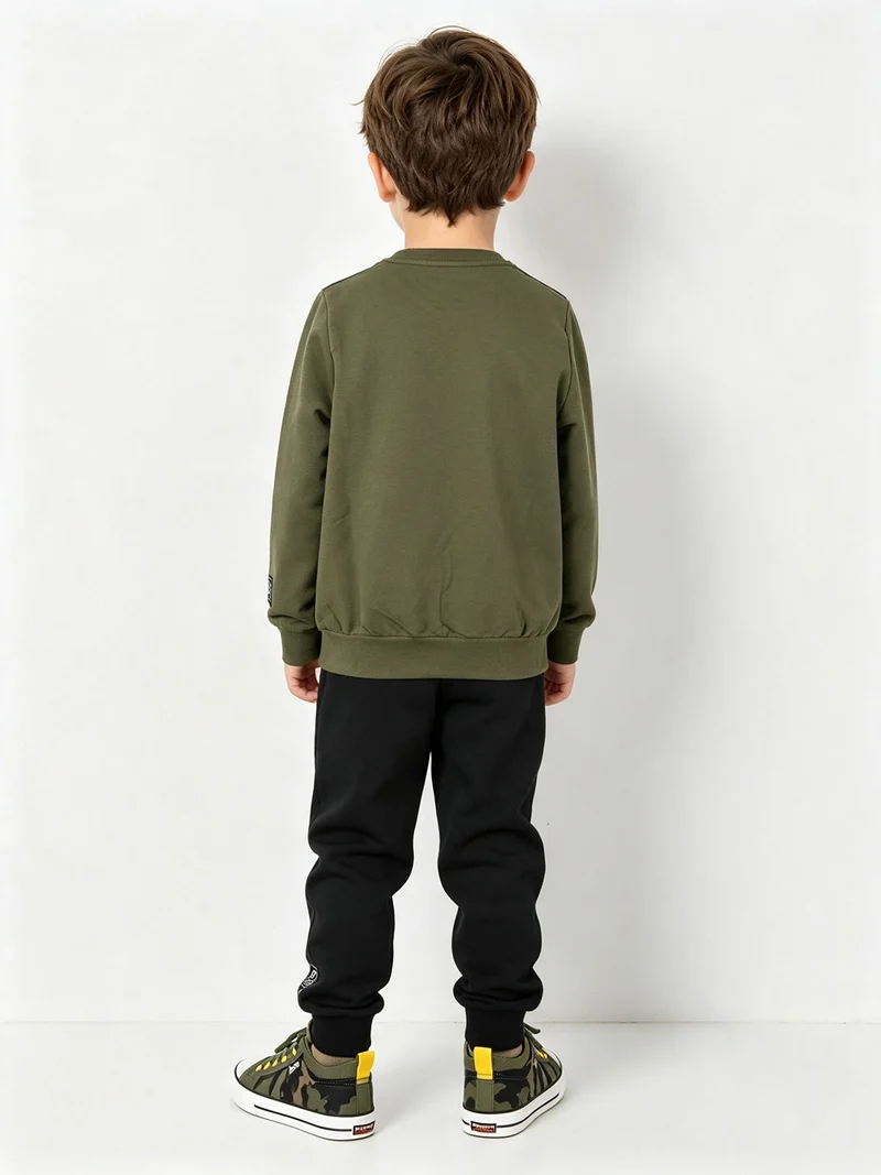 Completo tuta da bambino in cotone con felpa girocollo e pantaloni con polsini - militare