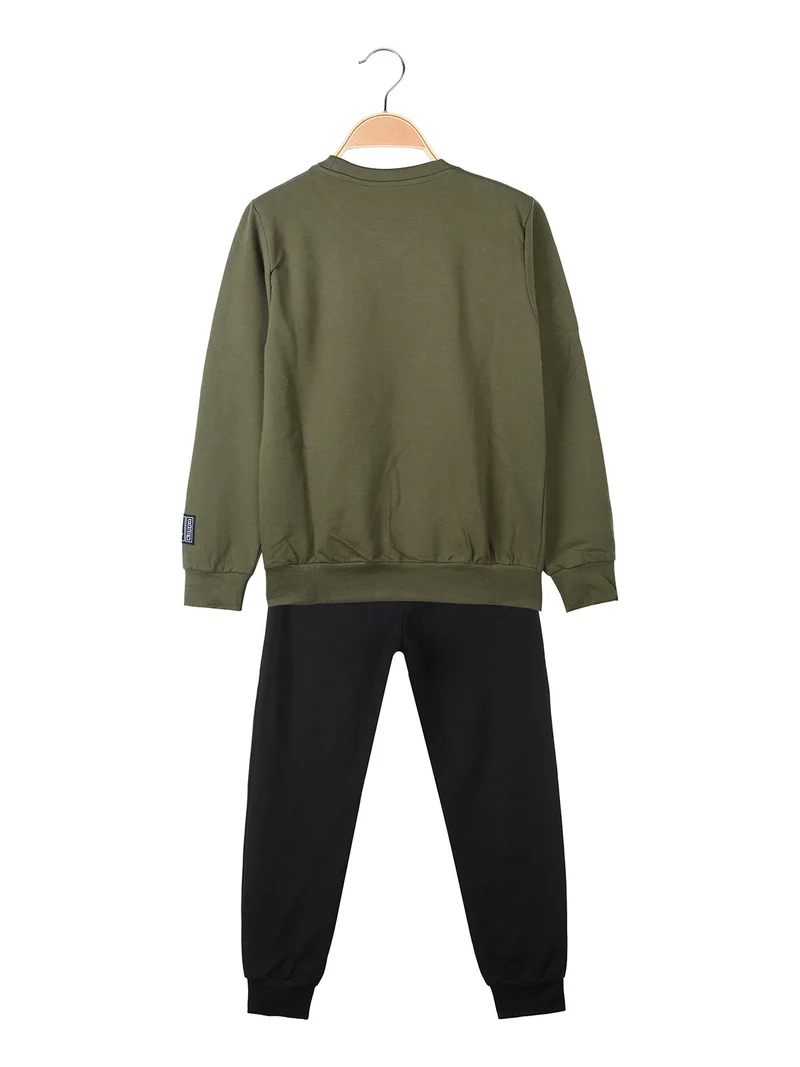 Completo tuta da bambino in cotone con felpa girocollo e pantaloni con polsini - militare