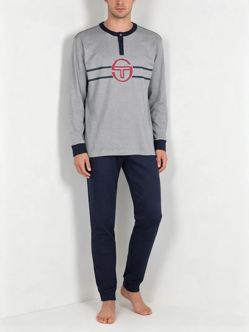 Pigiama lungo da uomo in cotone interlock con logo - grigio