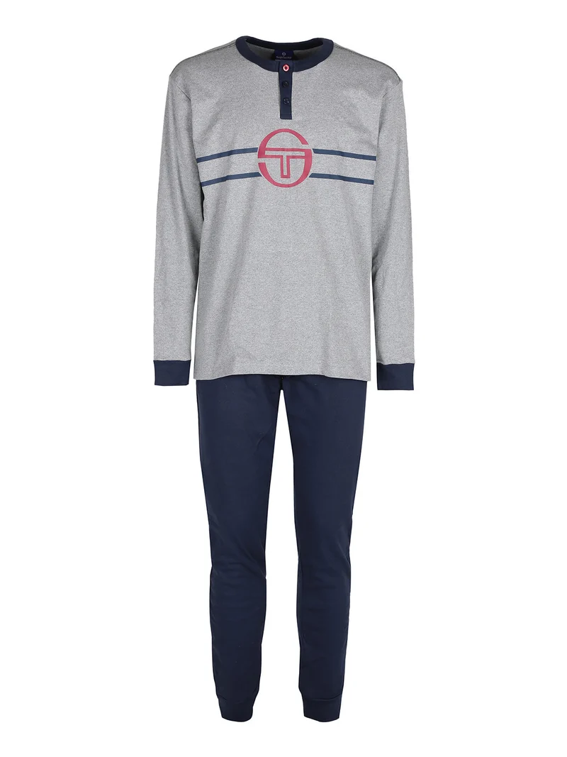 Pigiama lungo da uomo in cotone interlock con logo - grigio
