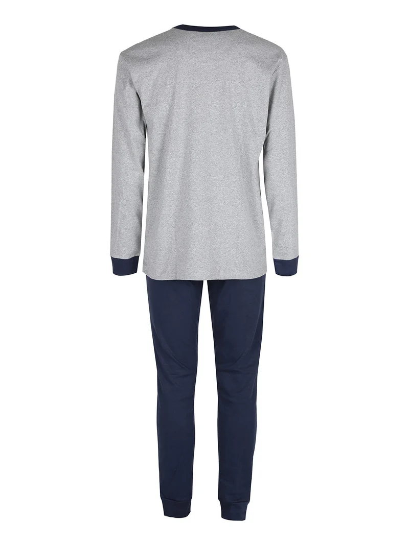 Pigiama lungo da uomo in cotone interlock con logo - grigio