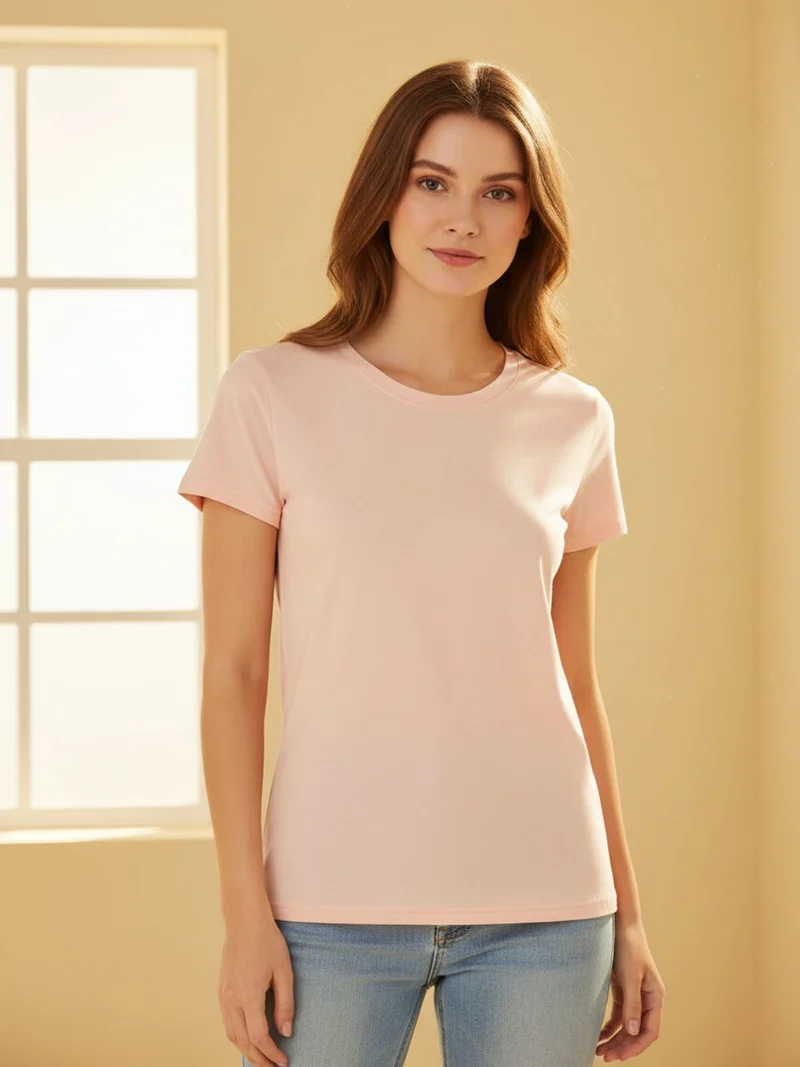 T-shirt girocollo da donna in cotone - cipria