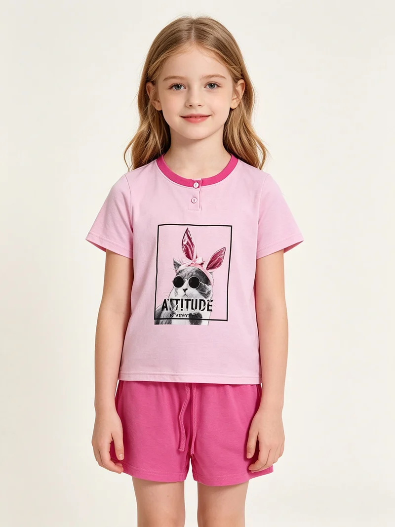 Pigiama corto da bambina in cotone - rosa