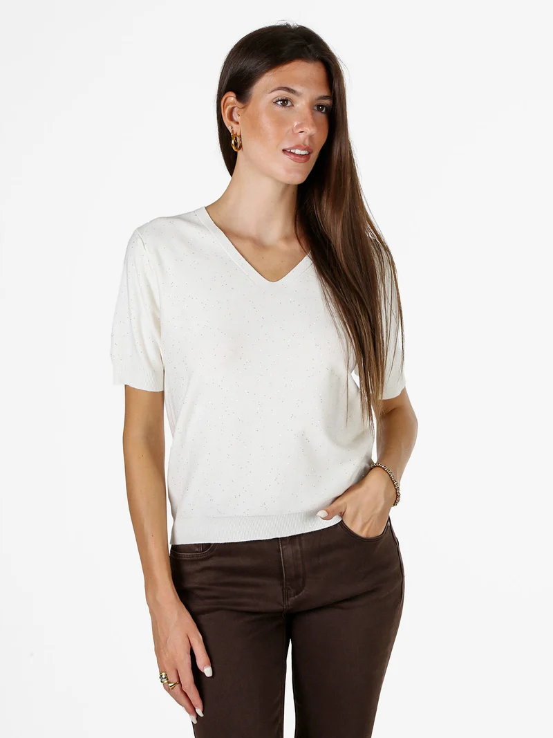 Maglia donna a maniche corte con scollo a V e mini paillettes - panna