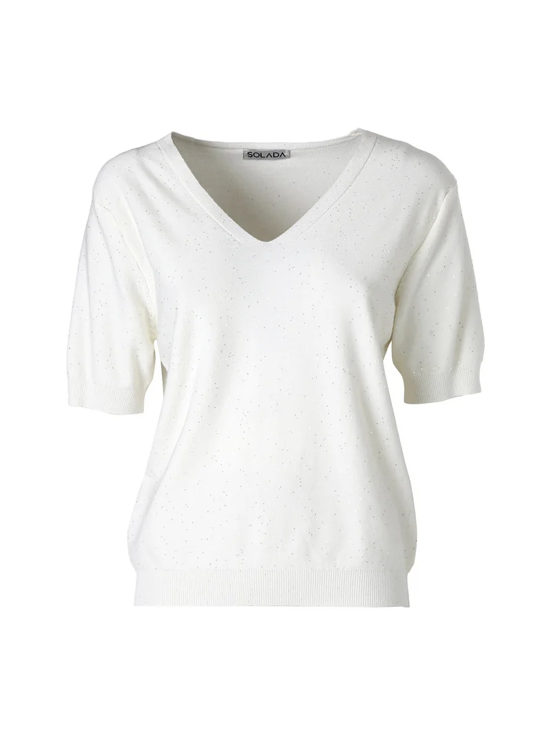 Maglia donna a maniche corte con scollo a V e mini paillettes - panna