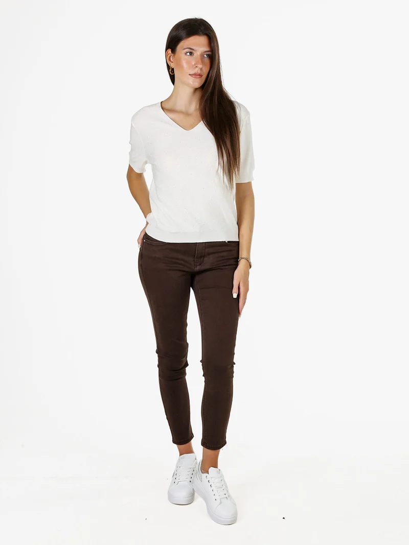 Maglia donna a maniche corte con scollo a V e mini paillettes - panna