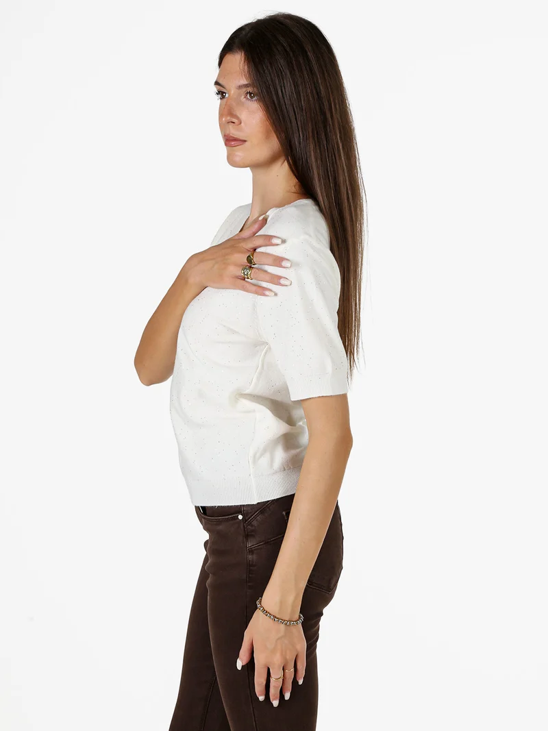 Maglia donna a maniche corte con scollo a V e mini paillettes - panna