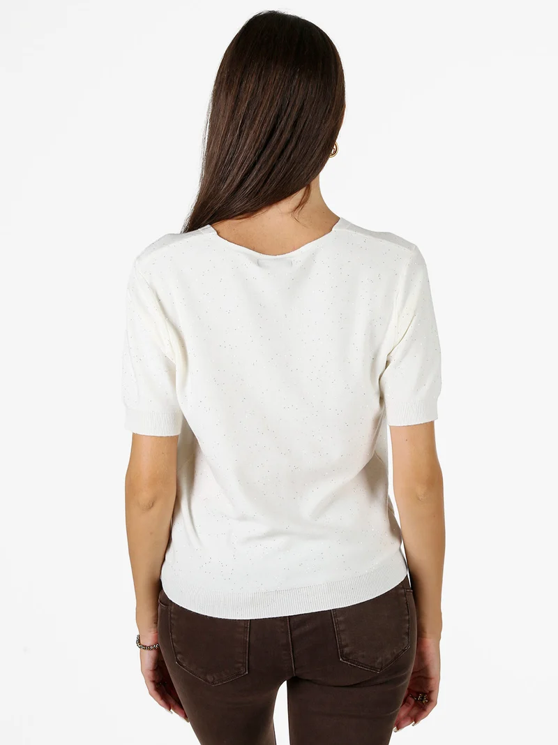 Maglia donna a maniche corte con scollo a V e mini paillettes - panna