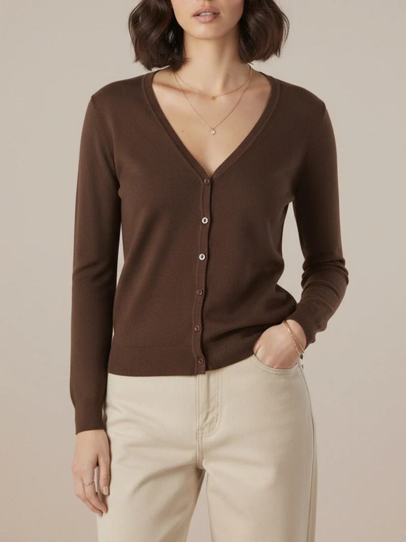 Cardigan donna in maglia con bottoni - moro