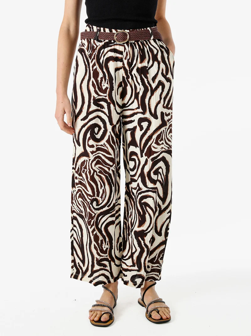 Pantaloni donna in viscosa con stampe e cintura in corda - marrone