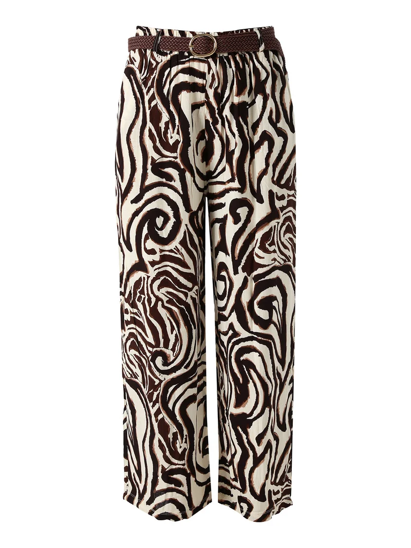 Pantaloni donna in viscosa con stampe e cintura in corda - marrone