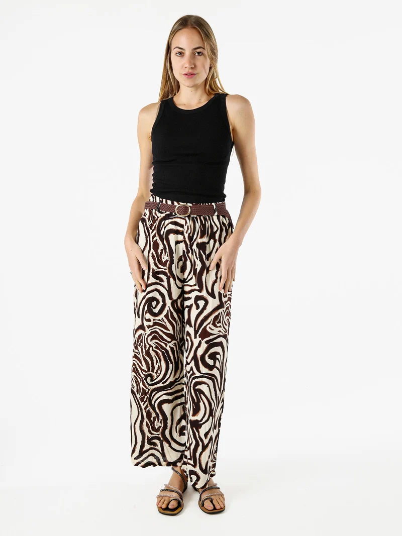 Pantaloni donna in viscosa con stampe e cintura in corda - marrone