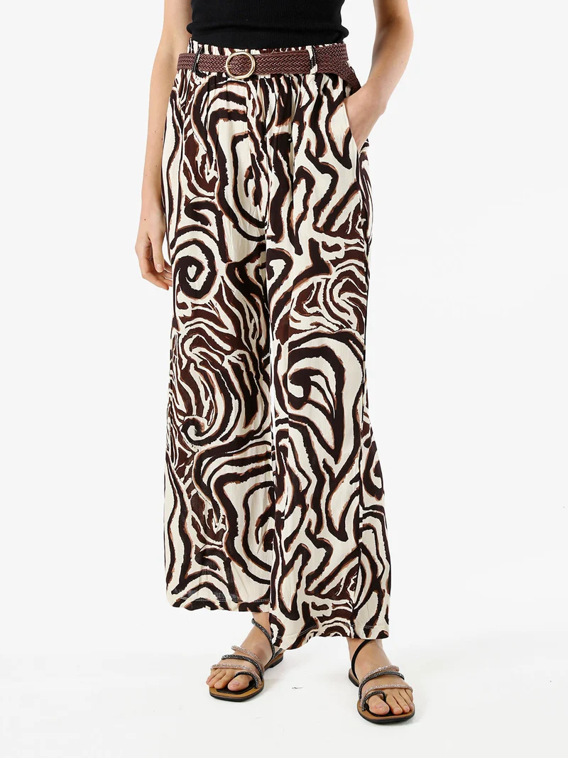Pantaloni donna in viscosa con stampe e cintura in corda - marrone