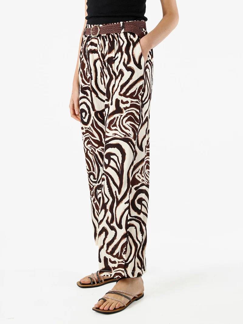 Pantaloni donna in viscosa con stampe e cintura in corda - marrone
