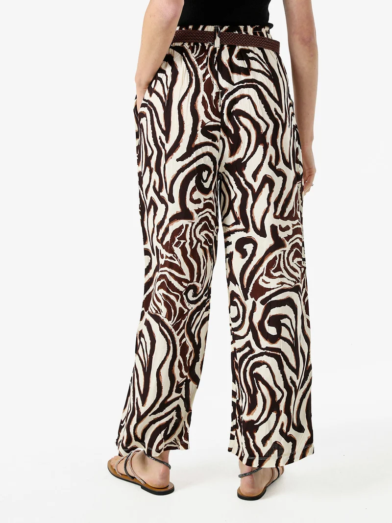 Pantaloni donna in viscosa con stampe e cintura in corda - marrone