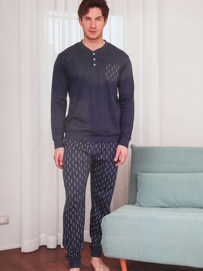 Pigiama lungo da uomo in cotone interlock con taschino - blu scuro
