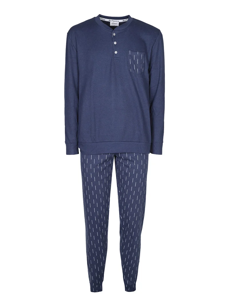 Pigiama lungo da uomo in cotone interlock con taschino - blu scuro