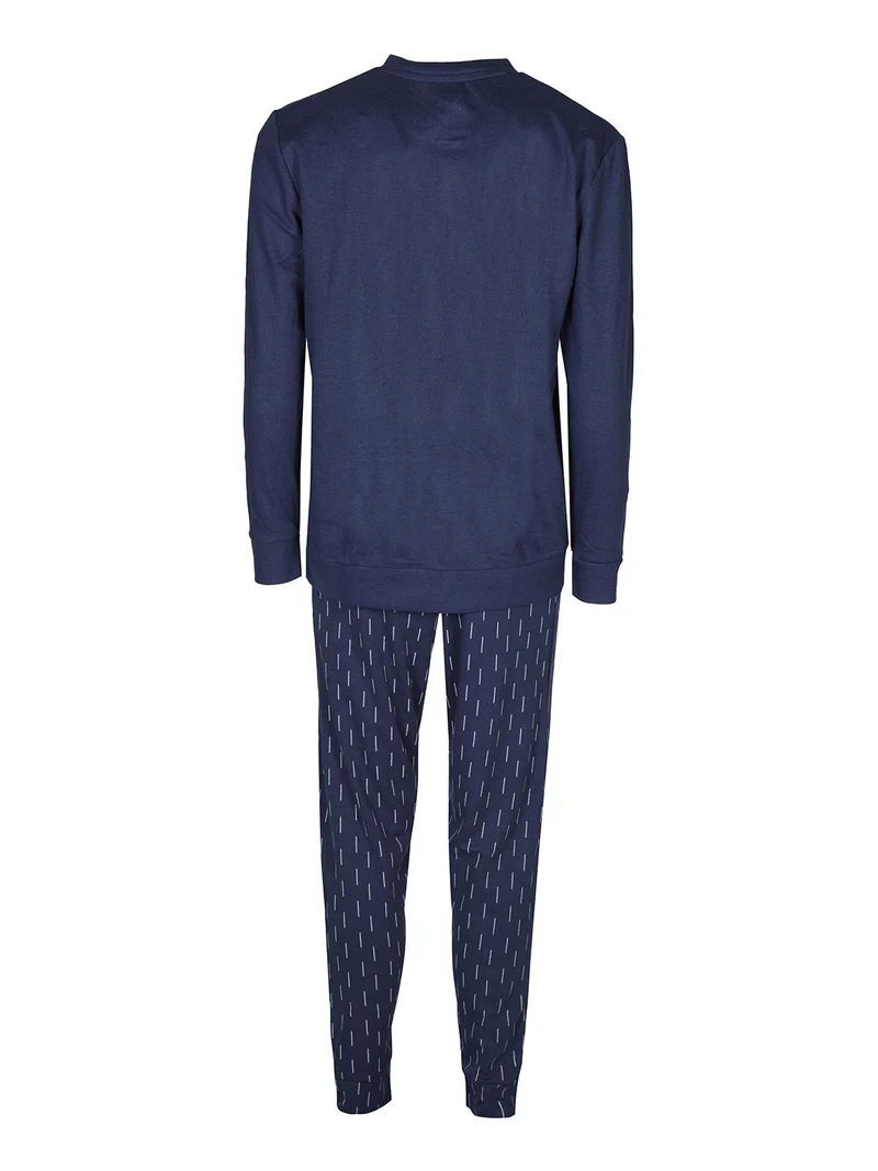 Pigiama lungo da uomo in cotone interlock con taschino - blu scuro