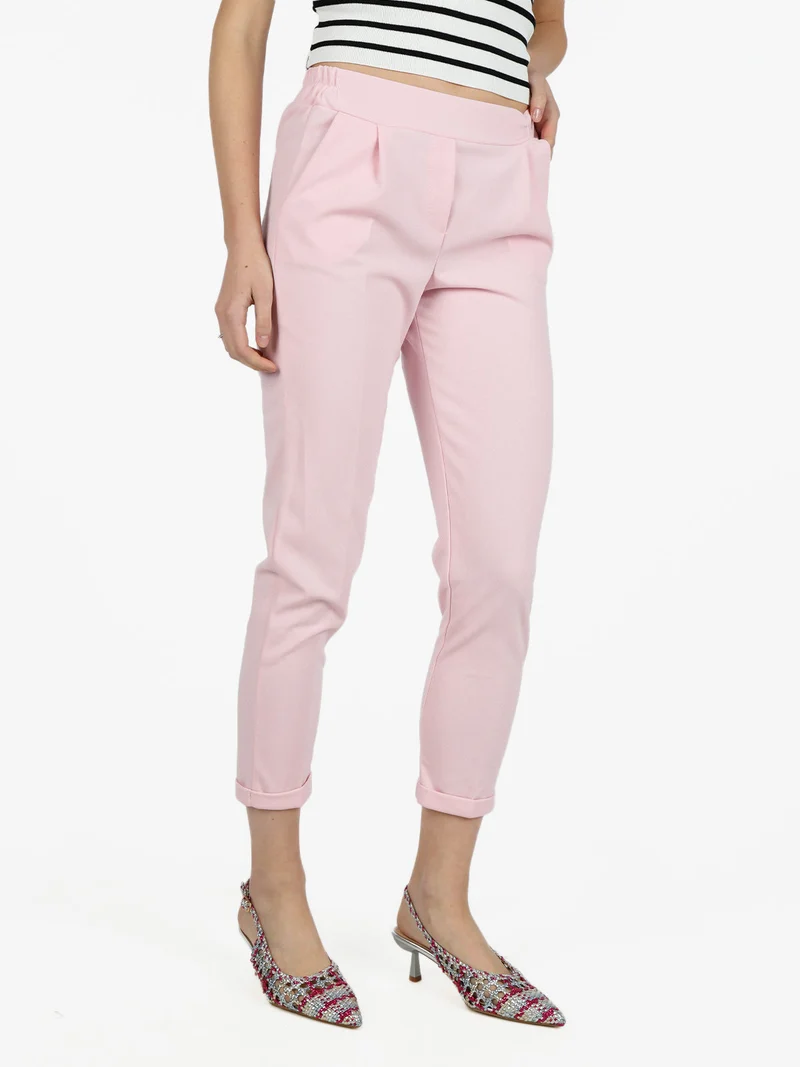 Pantaloni donna a sigaretta con risvolto - rosa