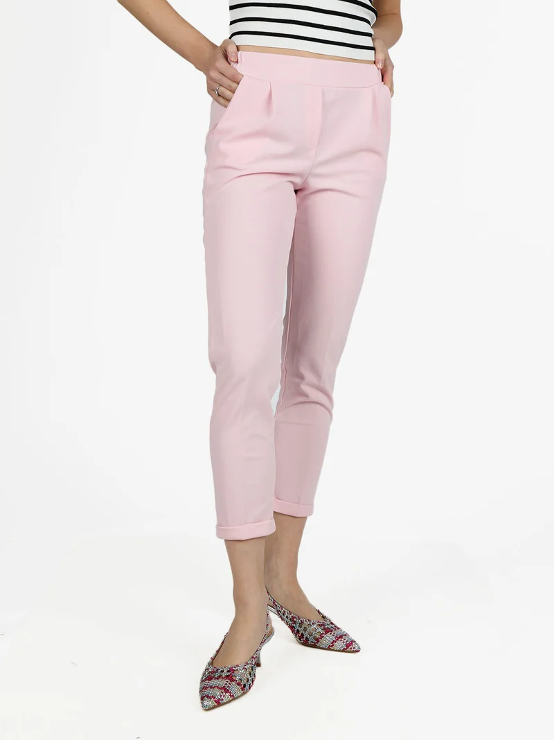 Pantaloni donna a sigaretta con risvolto - rosa