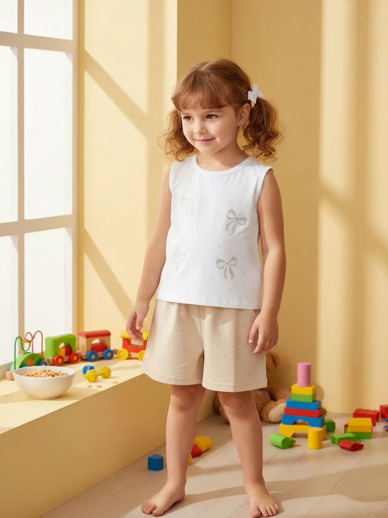 Completo corto da bambina 2 pezzi top e shorts con micro borchie - beige