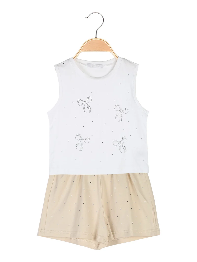 Completo corto da bambina 2 pezzi top e shorts con micro borchie - beige