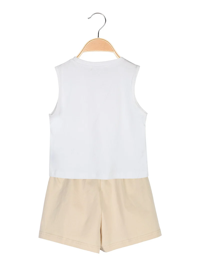 Completo corto da bambina 2 pezzi top e shorts con micro borchie - beige