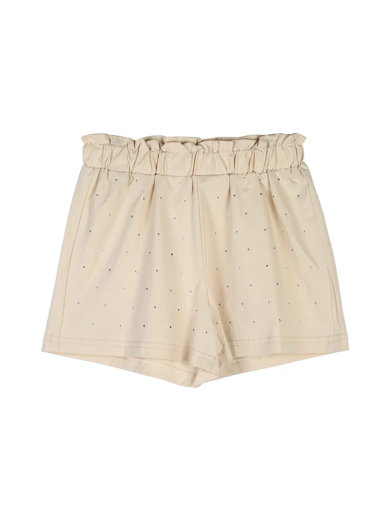 Completo corto da bambina 2 pezzi top e shorts con micro borchie - beige