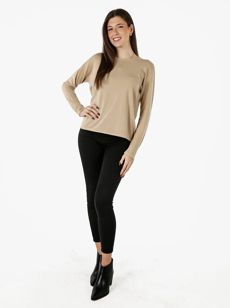 Pullover girocollo da donna in maglia tinta unita - beige