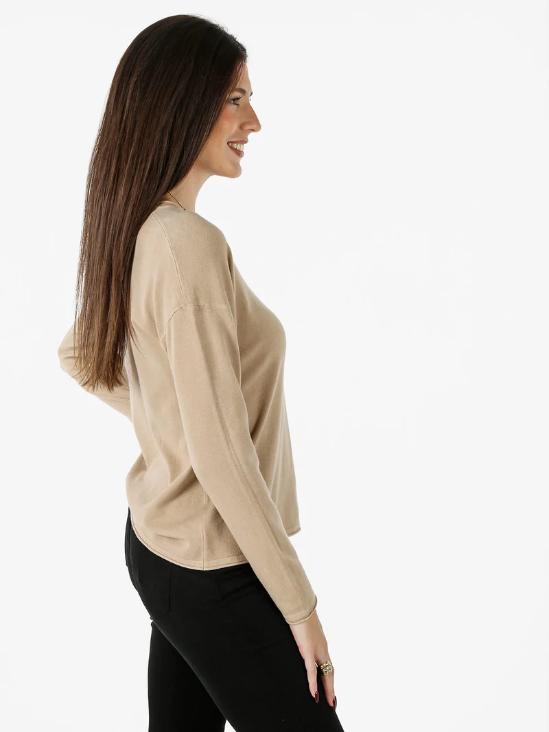 Pullover girocollo da donna in maglia tinta unita - beige