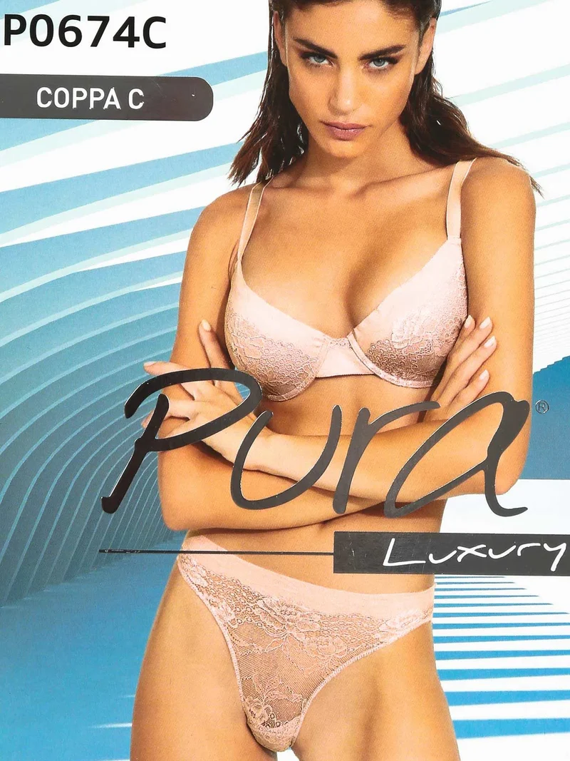 P0674C Reggiseno imbottito + slip in pizzo - rosa