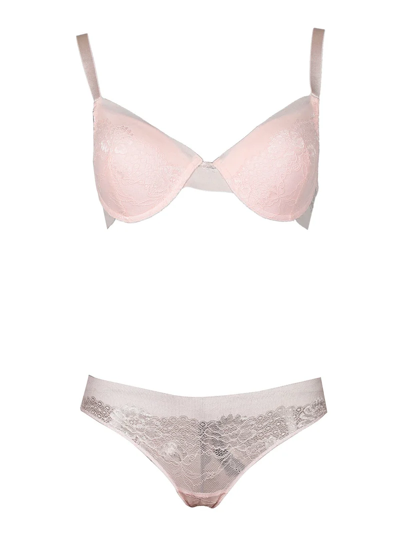 P0674C Reggiseno imbottito + slip in pizzo - rosa