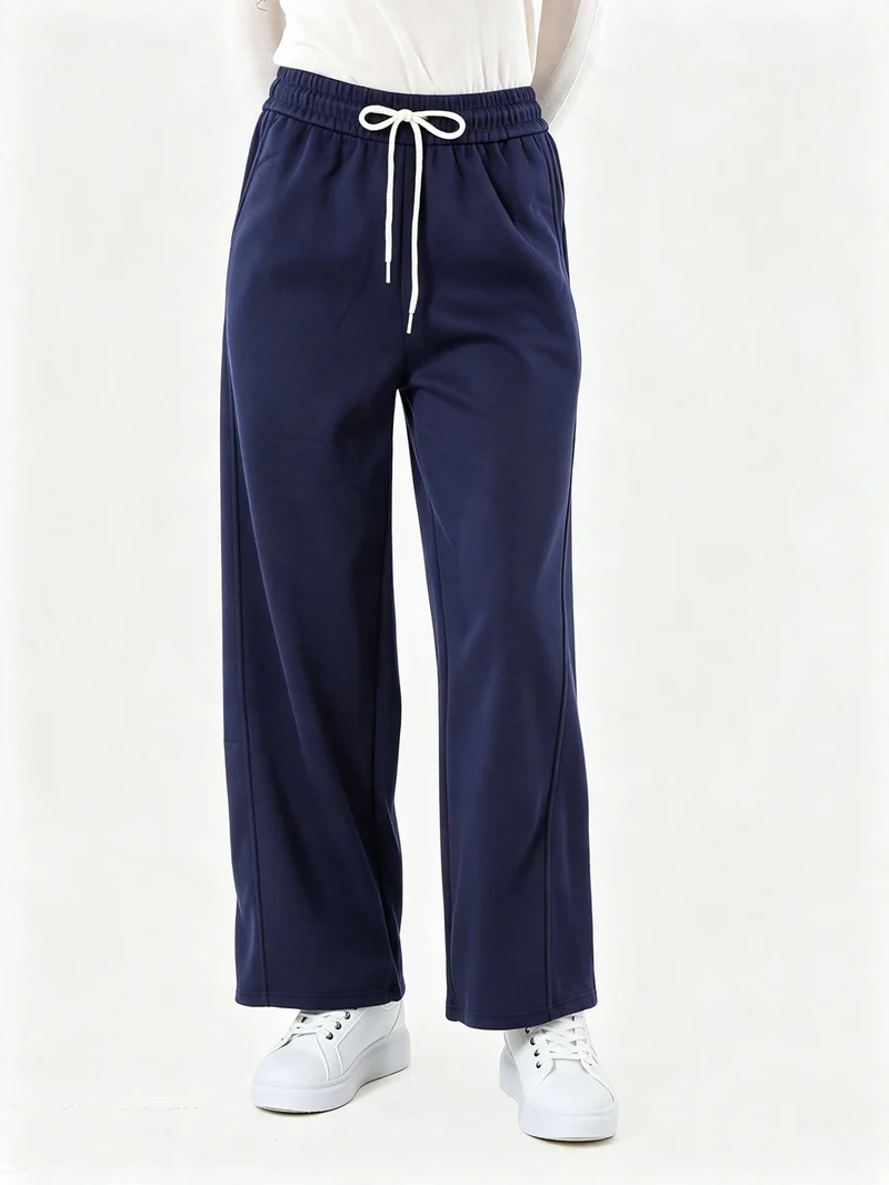 Pantaloni da donna in felpa a gamba larga con coulisse - blu scuro