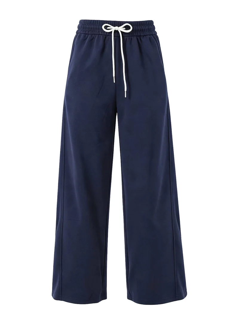 Pantaloni da donna in felpa a gamba larga con coulisse - blu scuro