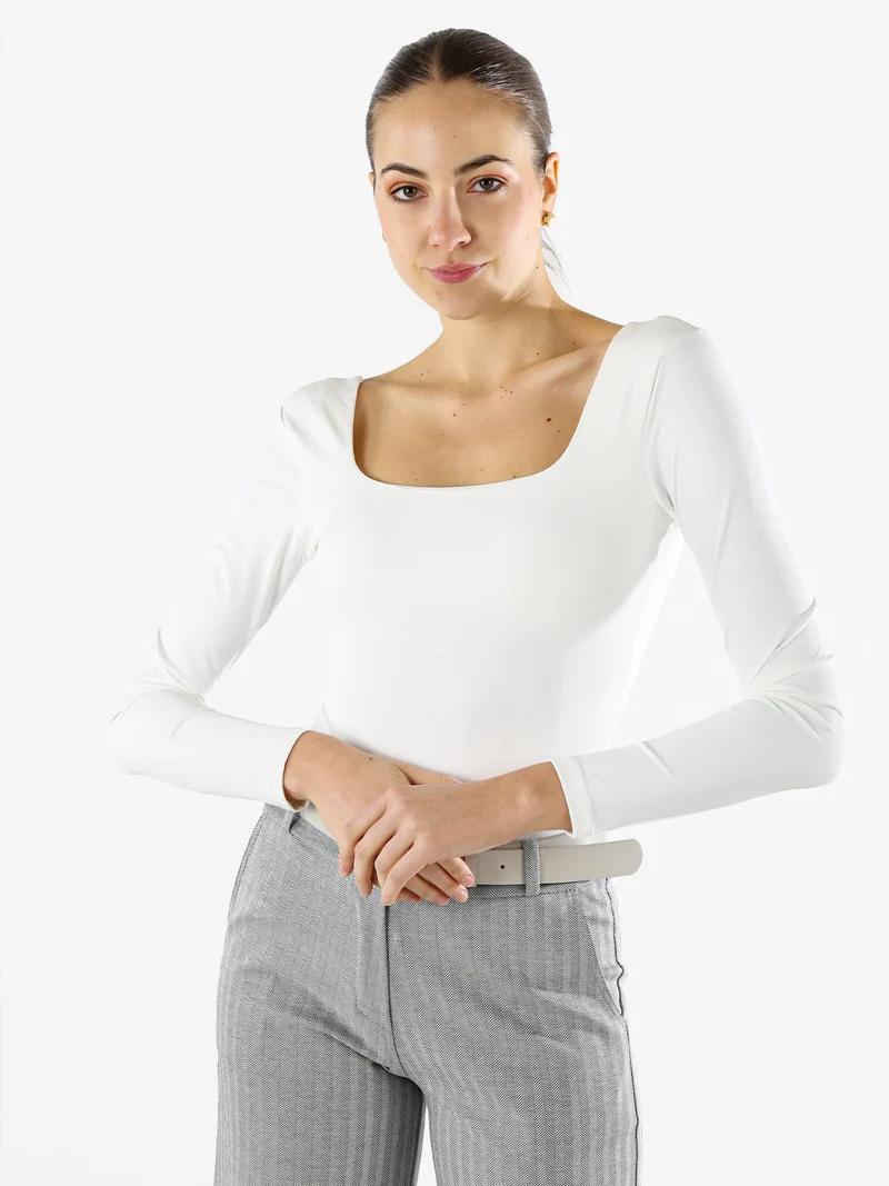 Top body donna a maniche lunghe con scollo davanti e dietro - bianco