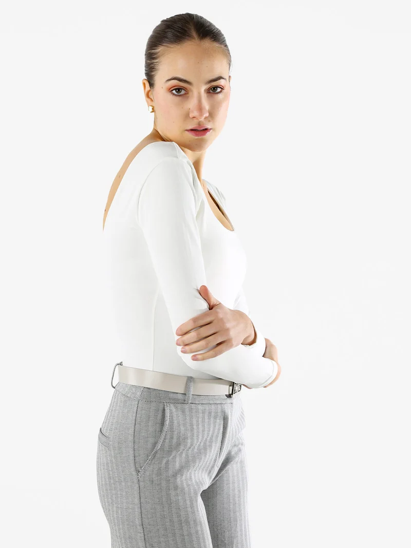 Top body donna a maniche lunghe con scollo davanti e dietro - bianco