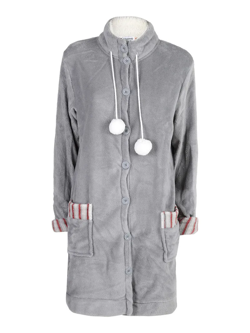 Vestaglia donna in pile con bottoni - grigio scuro