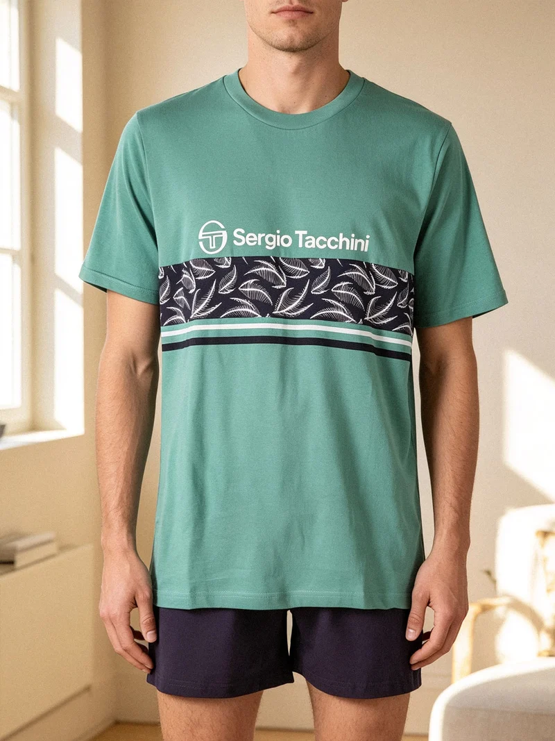 Completo corto da uomo in cotone con t-shirt floreale e bermuda - verde