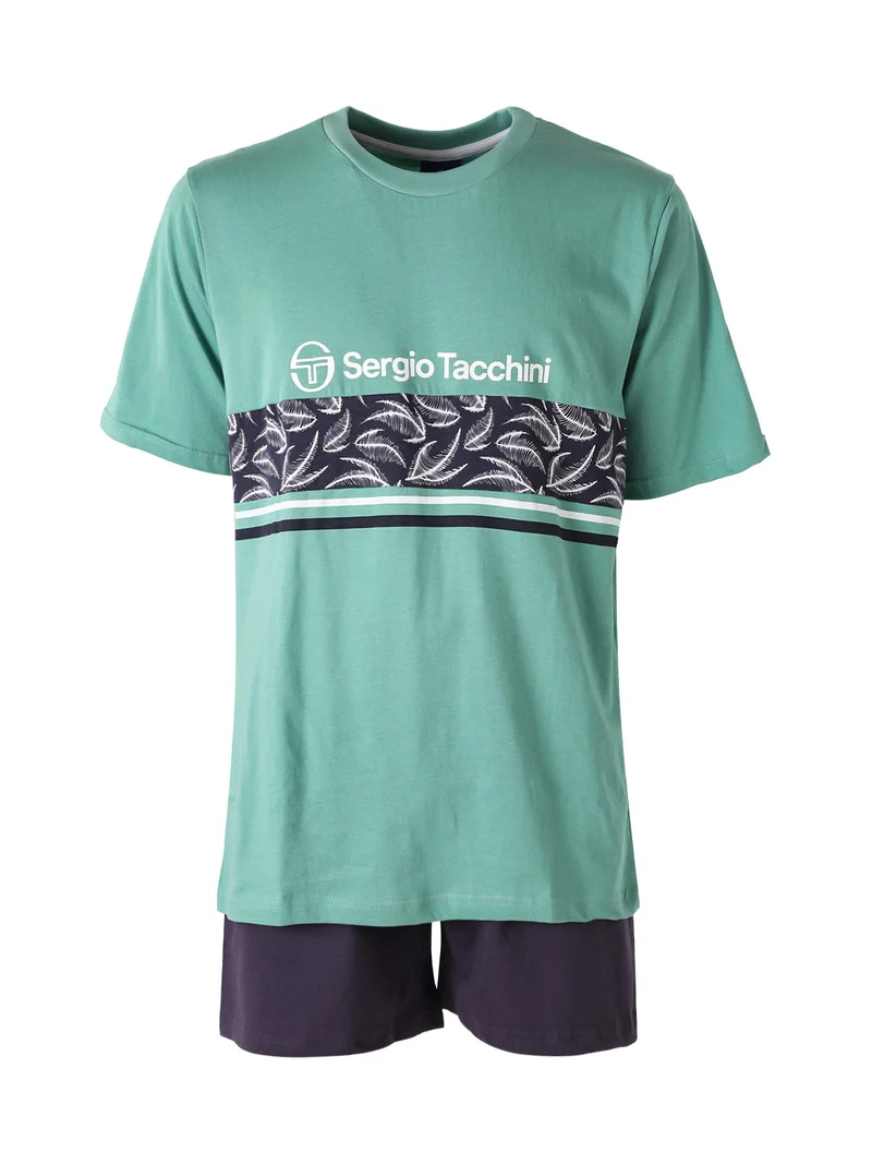Completo corto da uomo in cotone con t-shirt floreale e bermuda - verde