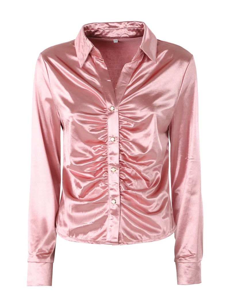Camicia donna a maniche lunghe effetto raso - rosa