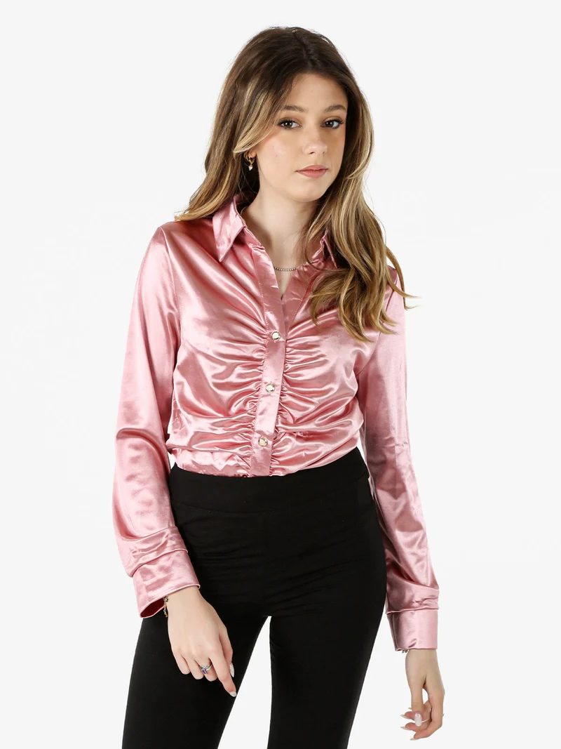 Camicia donna a maniche lunghe effetto raso - rosa