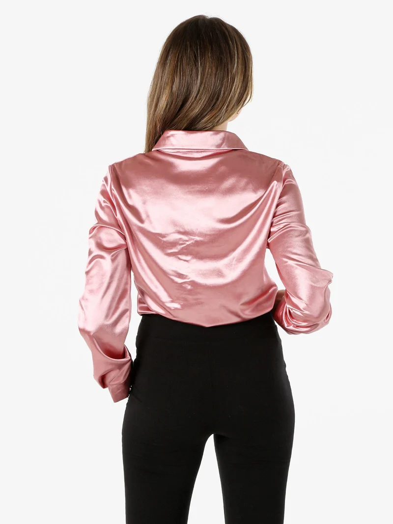 Camicia donna a maniche lunghe effetto raso - rosa
