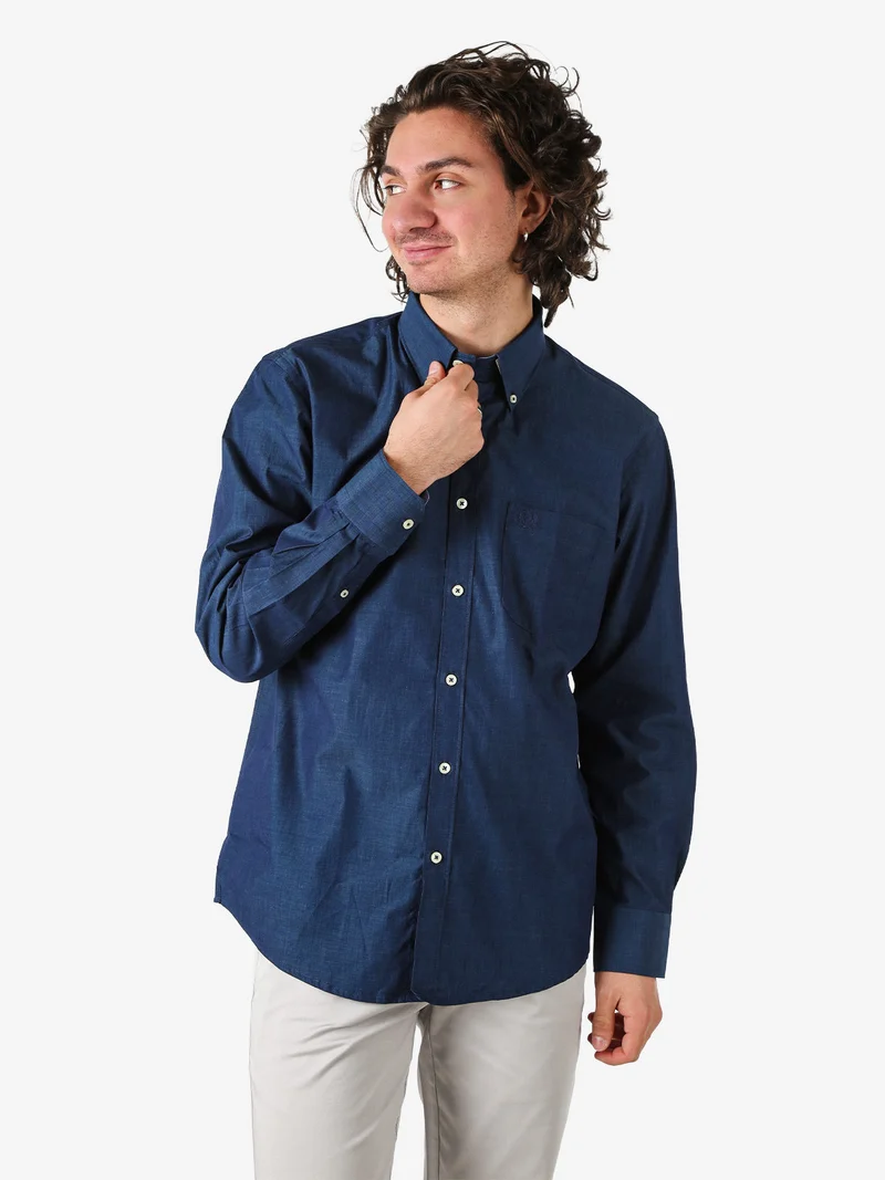 Camicia da uomo in cotone a maniche lunghe con taschino - blu