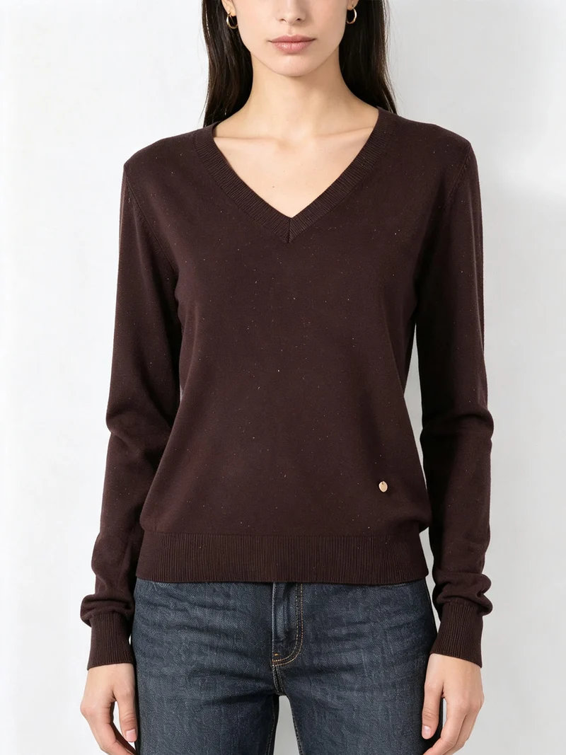 Pullover donna in maglia con scollo a V e dettagli lurex - moro