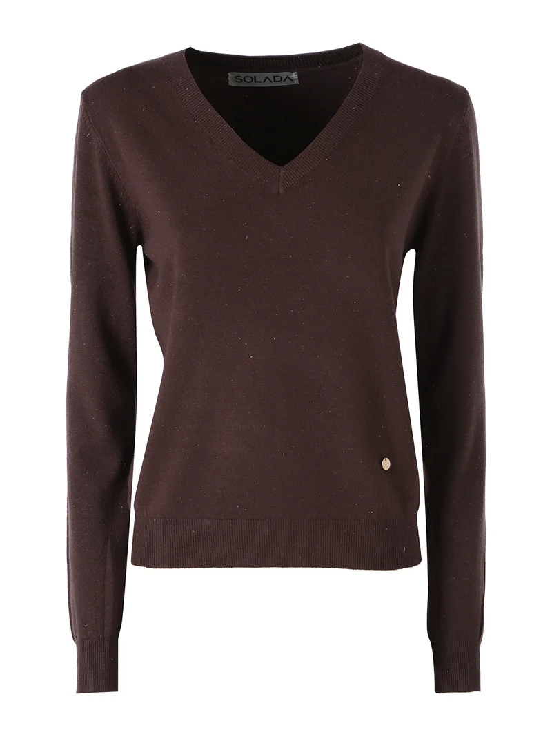 Pullover donna in maglia con scollo a V e dettagli lurex - moro