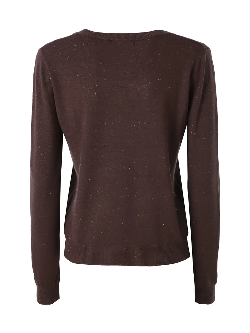 Pullover donna in maglia con scollo a V e dettagli lurex - moro