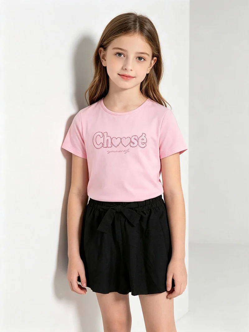 Completo corto da bambina con t-shirt e shorts a vita alta - rosa