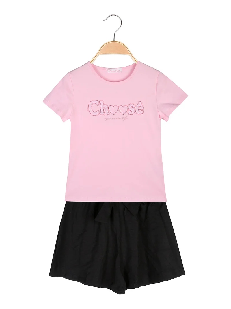 Completo corto da bambina con t-shirt e shorts a vita alta - rosa