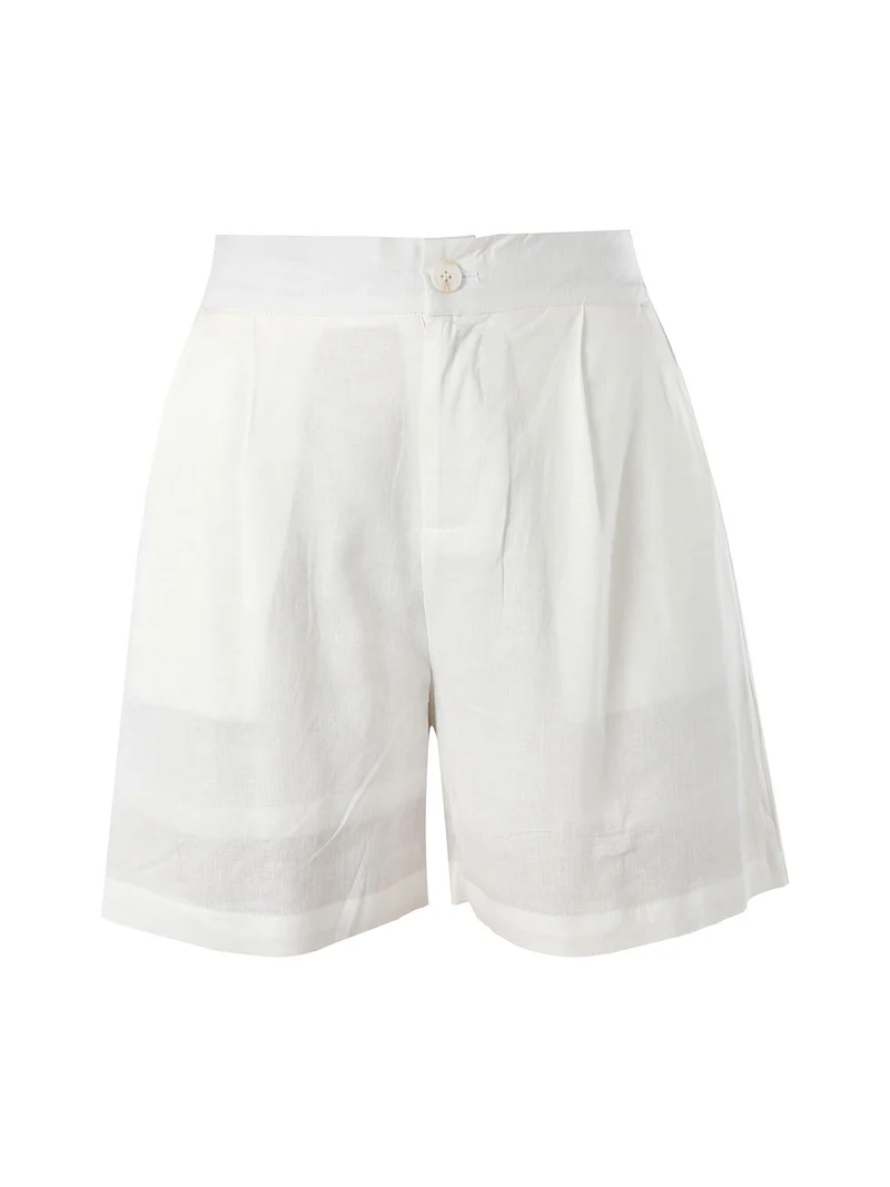 Shorts donna a vita alta in misto lino - bianco